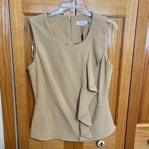 Calvin Klein tan sleeveless blouse. Ruffle detail. Size large. Exposed b…